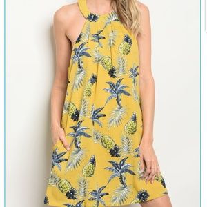 Mustard yellow dress with Navy Pineapple detail